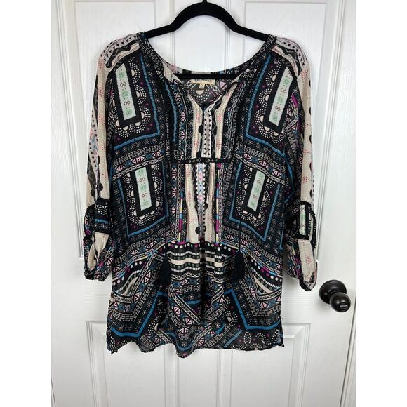 Democracy Sheer Black Blue Boho Print Chiffon Tassel Western Blouse 1X - Picture 8 of 11